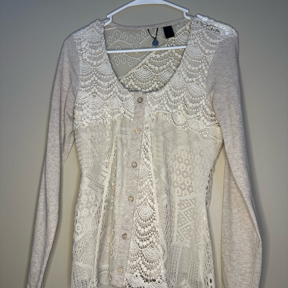 Lace Button-Up Long Sleeve Top